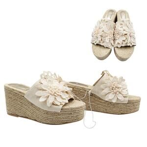 NWT H&M Cream Beige Espadrille Wedge Platform Sandals Floral Applique Women's 10